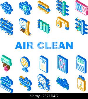 air clean flow freash wind filter icons set vector. conditioner dust cold nature, technology home, cool system, purification bacteria air clean flow freash wind filter isometric sign illustrations. air clean flow freash wind filter icons set vector Stock Vector