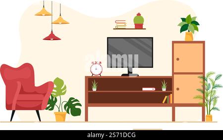 Home Decor Template Hand Drawn Cartoon Illustration The set of Furniture and Living Room Interior in Flat Style Design Stock Vector