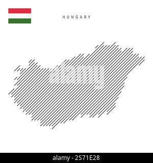 Hungary map from pattern of black slanted parallel lines. Hungarian map with gray diagonal lines. Silhouette of a country made of oblique hatching. Ve Stock Vector