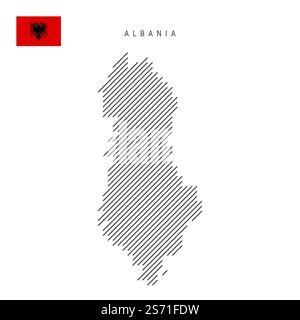 Albania map from pattern of black slanted parallel lines. Albanian map with gray diagonal lines. Silhouette of a country made of oblique hatching. Vec Stock Vector