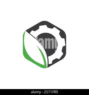 Green leaf with gear vector logo design. Mechanic and eco symbol or icon. Stock Vector