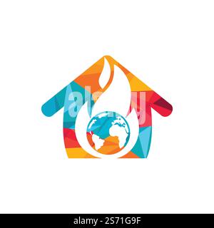 Fire Planet vector logo design template. Fire and earth with home icon design. Stock Vector