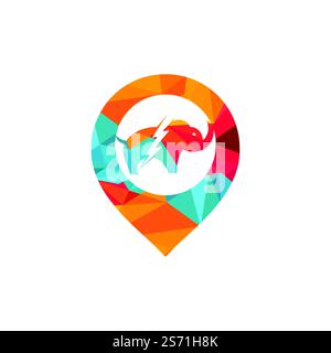 Elephant thunder with pin vector logo design. Power elephant logo concept. Stock Vector