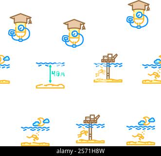 Diving School Education Lesson vector seamless pattern thin line illustration. Diving School Education Lesson vector seamless pattern Stock Vector