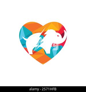 Elephant thunder with heart vector logo design. Power elephant logo concept. Stock Vector