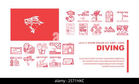 Diving School Education Lesson landing web page header vector. Diving School Course And Study, Underwater Sign Language Professional Equipment. Diver Instruction Coach Certificate Color Illustrations. Diving School Education Lesson landing header vector Stock Vector