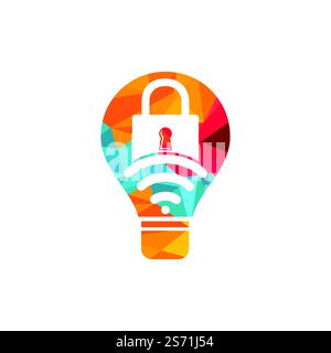 Padlock logo with signal and light bulb vector design. Safe and signal symbol or icon. Stock Vector