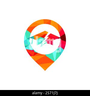 Flash student vector logo template. Graduation cap with thunder and pin pointer icon. Stock Vector