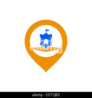 Castle book with pin pointer vector logo design. Unique bookstore, library and fortress logotype design template. Stock Vector