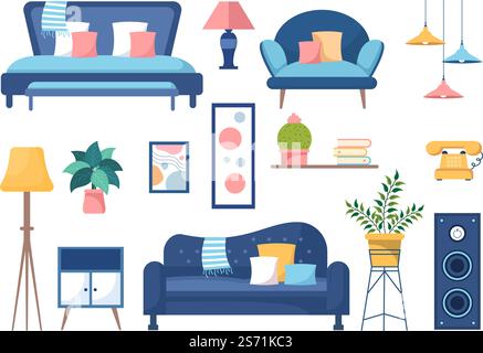 Home Decor Template Hand Drawn Cartoon Illustration The set of Furniture and Living Room Interior in Flat Style Design Stock Vector
