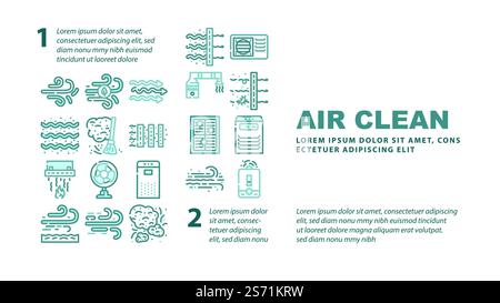 air clean flow freash wind filter landing web page header vector. conditioner dust cold nature, technology home, cool system, purification bacteria air clean flow freash wind filter Illustration. air clean flow freash wind filter landing header vector Stock Vector