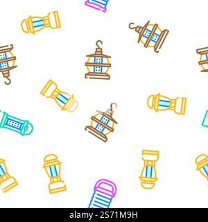 Camp Lamp Lighting Equipment vector seamless pattern thin line illustration. Camp Lamp Lighting Equipment vector seamless pattern Stock Vector
