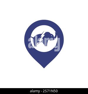 Elephant thunder with pin vector logo design. Power elephant logo concept. Stock Vector