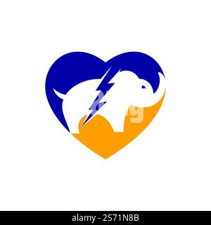 Elephant thunder with heart vector logo design. Power elephant logo concept. Stock Vector