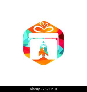 Gift Package with Rocket speed vector logo design. Unique delivery and flight logotype design template. Stock Vector