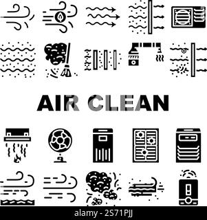 air clean flow freash wind filter icons set vector. conditioner dust cold nature, technology home, cool system, purification bacteria air clean flow freash wind filter glyph pictogram Illustrations. air clean flow freash wind filter icons set vector Stock Vector