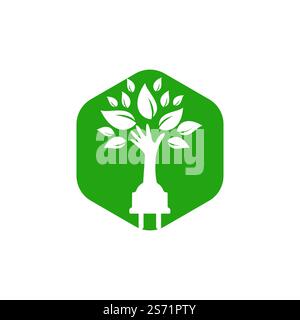 Electric cord and hand tree vector logo design. Stock Vector