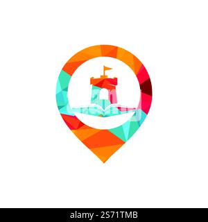 Castle book with pin pointer vector logo design. Unique bookstore, library and fortress logotype design template. Stock Vector