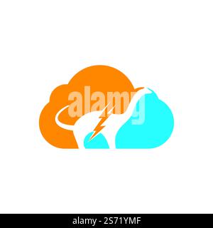 Dino thunder with cloud icon vector logo design. Dinosaur lightning icon logo. Stock Vector