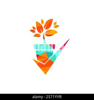 Check garden vector logo design. Check and flower pot icon. Stock Vector