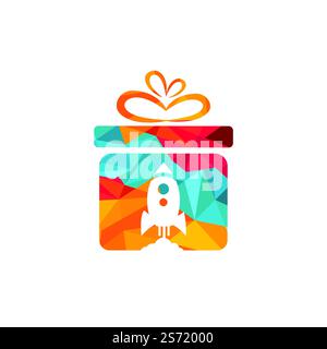 Gift Package with Rocket speed vector logo design. Unique delivery and flight logotype design template. Stock Vector