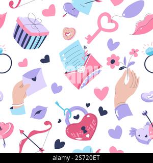 Celebration of Saint Valentines day, seamless pattern with boxes, presents with hearts and love letters. Holding flowers bouquets, padlock with key and bow with arrows from cupid. Vector in flat style. Presents and love letters for Saint Valentines day Stock Vector