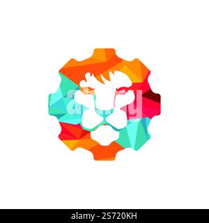 Creative lion gear vector logo design. Lion tech logo concept. Stock Vector