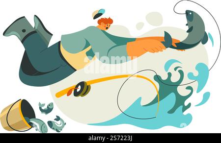 Male character catching fish using hands, fishing rod and bucket. Isolated fisherman with caught salmon, hobby of personal and improving of skills. Trout or mackerel hunting, vector in flat style. Fisher with bucket and rod catching fish on lake Stock Vector
