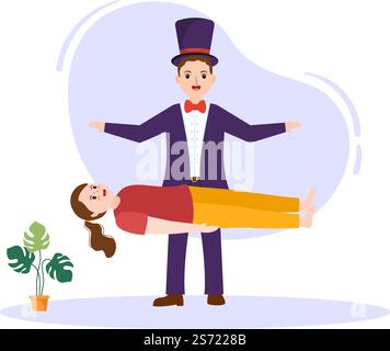 Magician Illusionist Conjuring Tricks and Waving a Magic Wand above his Mysterious Hat on a Stage in Template Hand Drawn Cartoon Flat Illustration Stock Vector