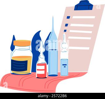 Medicine and surgical treatment, medications and pharmacy. Ampoules with list of procedures, bottle with essence. Pharmaceutical products for wellness and healthcare wellbeing. Vector in flat. Surgery and clinics treatment and medicine set Stock Vector