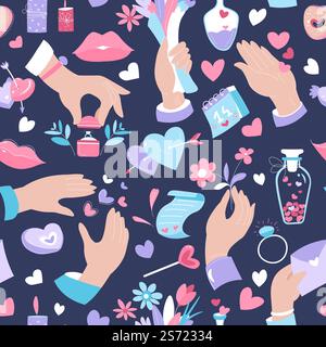 Celebration of valentines day, hand with box and engagement ring pattern. Hearts and confetti in jar, bouquet as present for beloved. Greeting card or congrats for loved ones. Vector in flat style. Valentines day celebration, seamless patterns Stock Vector