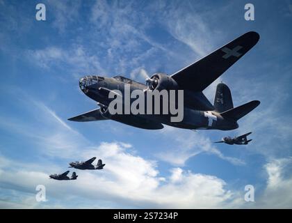 A formation of Douglas A-20 Havocs in flight. An American light bomber, attack aircraft, night intruder, night fighter, and reconnaissance aircraft of World War II. Ordered by France for their air force, but after the fall of France, the bomber served with the Royal Air Force under the service name 'Boston'. From 1941, night fighter and intruder versions were given the service name Havoc and the aircraft saw a number of variants until taken out of service in 1946. Stock Photo