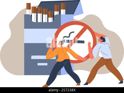 Stopping smoking dangerous for health, people with sign of no cigarettes with packages of cigars. Nicotine addiction bad habits quitting, toxic and harmful elements in product. Vector in flat style. Smoking prohibition and bad addictive habits stop Stock Vector