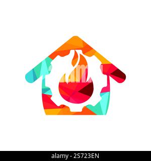Home Restorations vector logo design. Gear and fire with home icon vector design. Stock Vector