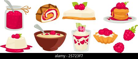 Desserts and sweets made of raspberry jam, isolated jar and baked roll with cream, pancakes and pudding. Porridge or muesli with milk for breakfast or dinner. Vector in flat style illustration. Raspberry jam and cakes, pancakes and roll vector Stock Vector