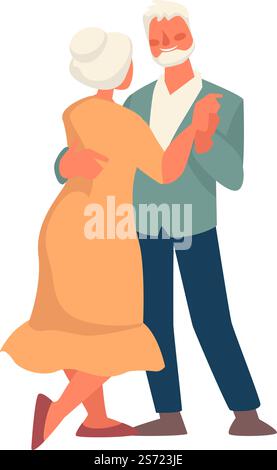 Grandmother and grandfather dancing, isolated senior people on date, romantic feelings and relationship of elder personages. Celebration of holiday or learning new skills. Vector in flat style. Senior couple dancing, romantic retired people Stock Vector