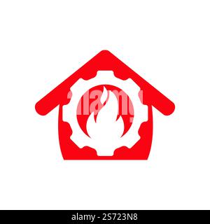 Home Restorations vector logo design. Gear and fire with home icon vector design. Stock Vector