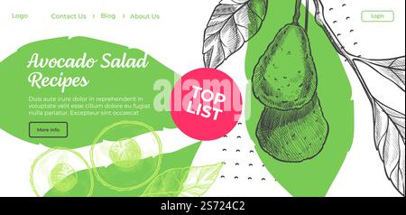 Best dishes and salads with avocado, online recipe book or site with tips for cooking and preparing meal. Blog with text and monochrome sketch. Website or landing page template, vector in flat style. Avocado salad recipes, top list of best dishes Stock Vector