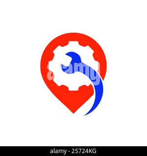 Gear wrench pin point logo template. Vector illustration of workshop location. Stock Vector