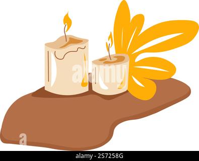 Composition of aromatic scented candles, foliage and leaves. Spa salon procedures and treatment for body care and relax. Atmosphere of rest and aromatherapy. Romantic flame, vector in flat style. Scented candles with flora and foliage composition Stock Vector