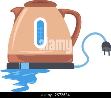 Leaking electric kettle, broken kitchen appliances and technics. Isolated icon of plastic pot with wires and puddle. Problems and fixing, malfunction of technologies at home. Vector in flat style. Broken kitchen appliances, leaking kettle vector Stock Vector