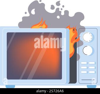 Broken electric microwave oven with flames, fire, and smoke. Kitchen appliances and technologies for cooking and heating. Overheated or damaged gadget for household. Equipment vector in flat. Burning broken microwave oven, fire and flames Stock Vector
