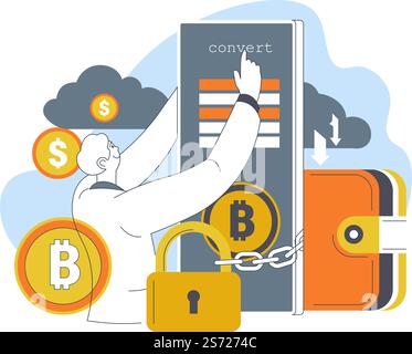 Client of virtual bank exchanging and converting money to bitcoins. User with smartphone and personal info, wallet and secure lock to save financial assets. Investments and savings. Vector in flat. Converting bitcoins currency online in wallet Stock Vector