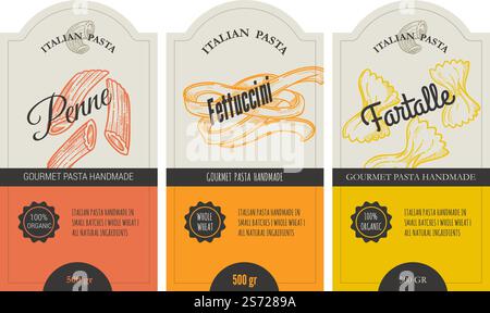 Italian macaroni types, labels for packages set. Penne and Fettuccine, Farfalle pasta. Organic and natural product, gourmet ingredient for cooking dishes. Handmade and tasty. Vector in flat style. Penne and Fettuccini, Farfalle macaroni types set Stock Vector