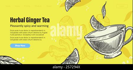 Organic and natural herbal ginger tea with dry mint leaves and citrus slices. Cup of warm beverage for boosting immunity system and warmth. Website or landing page template, vector in flat style. Herbal ginger tea with mint leaves and citrus Stock Vector