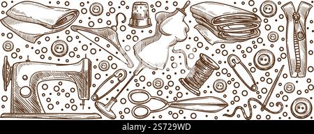 Custom and bespoke clothes in atelier or tailors shops. Sewing machine with textile for clothing, mannequin and pins, buttons and scissors, measurements and hanger for dress. Vector in flat style. Tailoring and sewing, bespoke clothes service Stock Vector