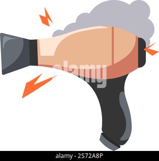 Broken electric appliances and devices, isolated hairdryer with sparks of fire and smoke. Malfunctioning or damaged equipment for hairstyling and hairdressing. Burning instrument. Vector in flat style. Overheated hair dryer with sparks of fire vector Stock Vector