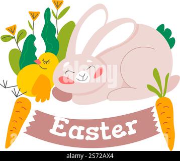 Spring holiday celebration, isolated easter bunny and small chicken sleeping in flora. Easter day greetings, banner with carrots, blossom and botany in bloom. Funny characters vector in flat style. Easter bunny and chicken sleeping funny characters Stock Vector