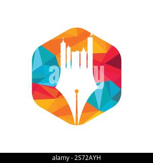 Creative concept with pen and city skyline logo design. Commercial buildings construction symbol. Stock Vector
