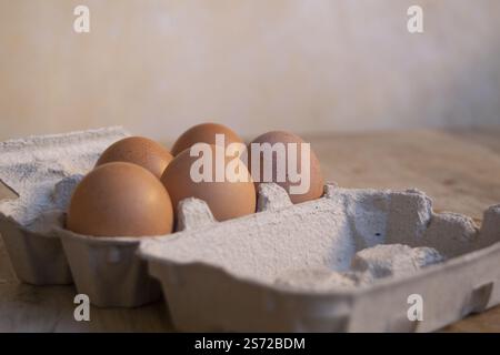 eggs placed in the appropriate cardboard container to prepare an omelet Stock Photo